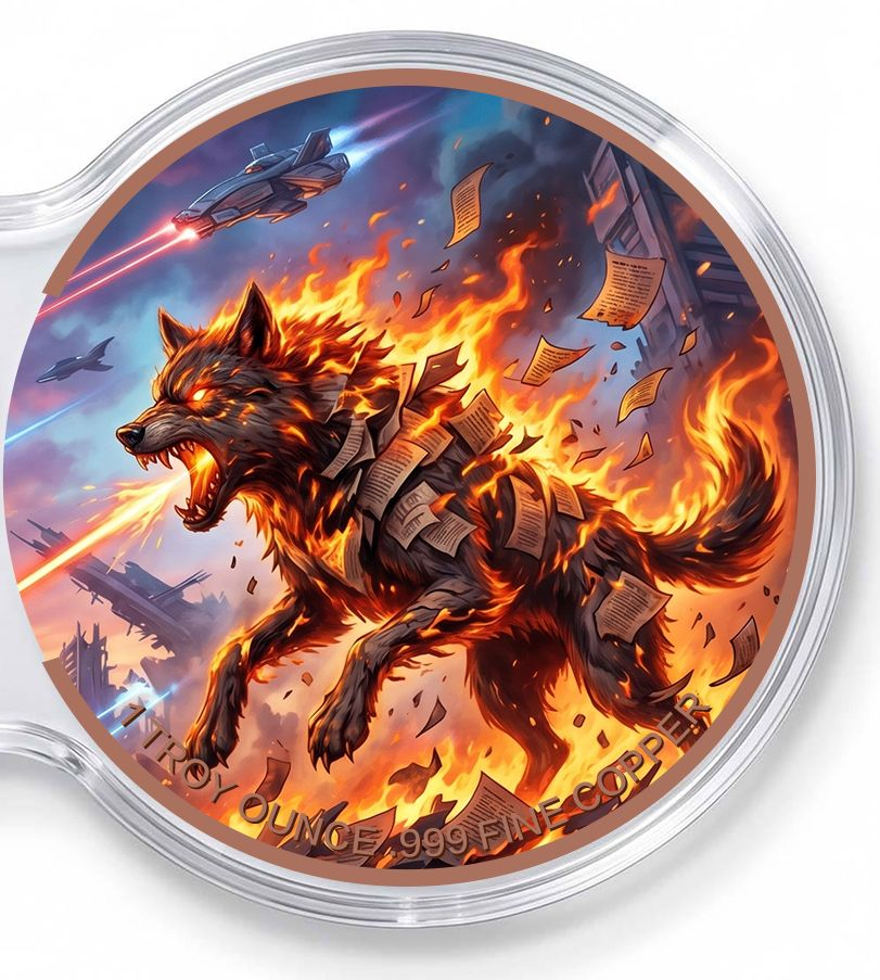 Kupfermedaille 2 x 1 oz Doppelkapsel - Fantasy - Justitia Elefant vs. Feuerwolf