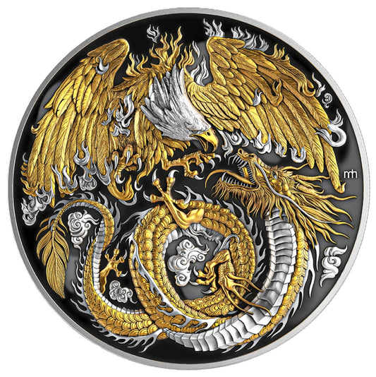 Phönix & Drache - Ultra High Relief - Gold & Ruthenium-Beschichtung - 2025 2 oz Silbermünze