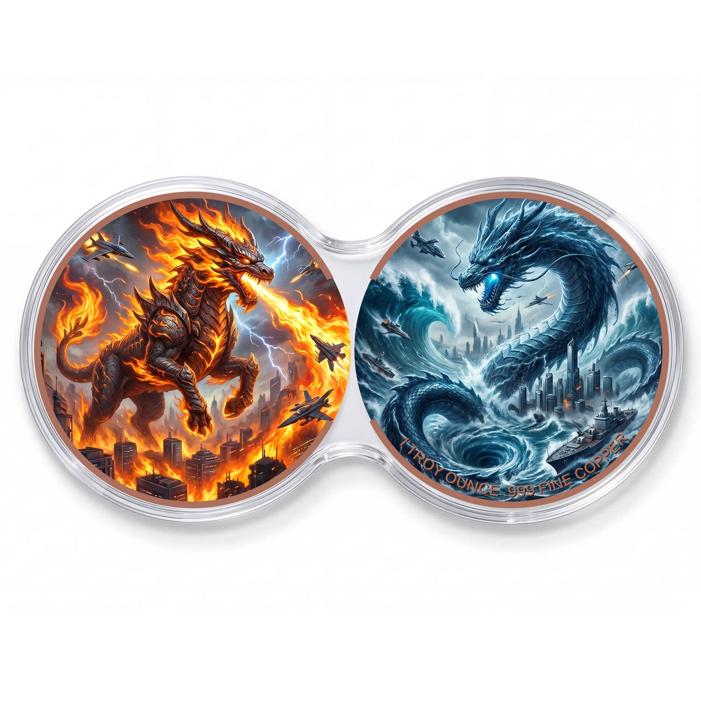 Kupfermedaille 2 x 1 oz Doppelkapsel - Fantasy - Feuerdrache vs. Wasserdrache