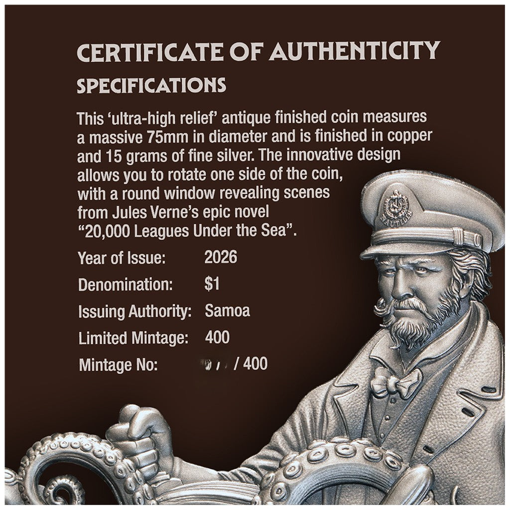 20.000 Meilen unter dem Meer - mit rotierendem Fenster - 2026 - 355 Gramm Kupfer/Silbermünze***