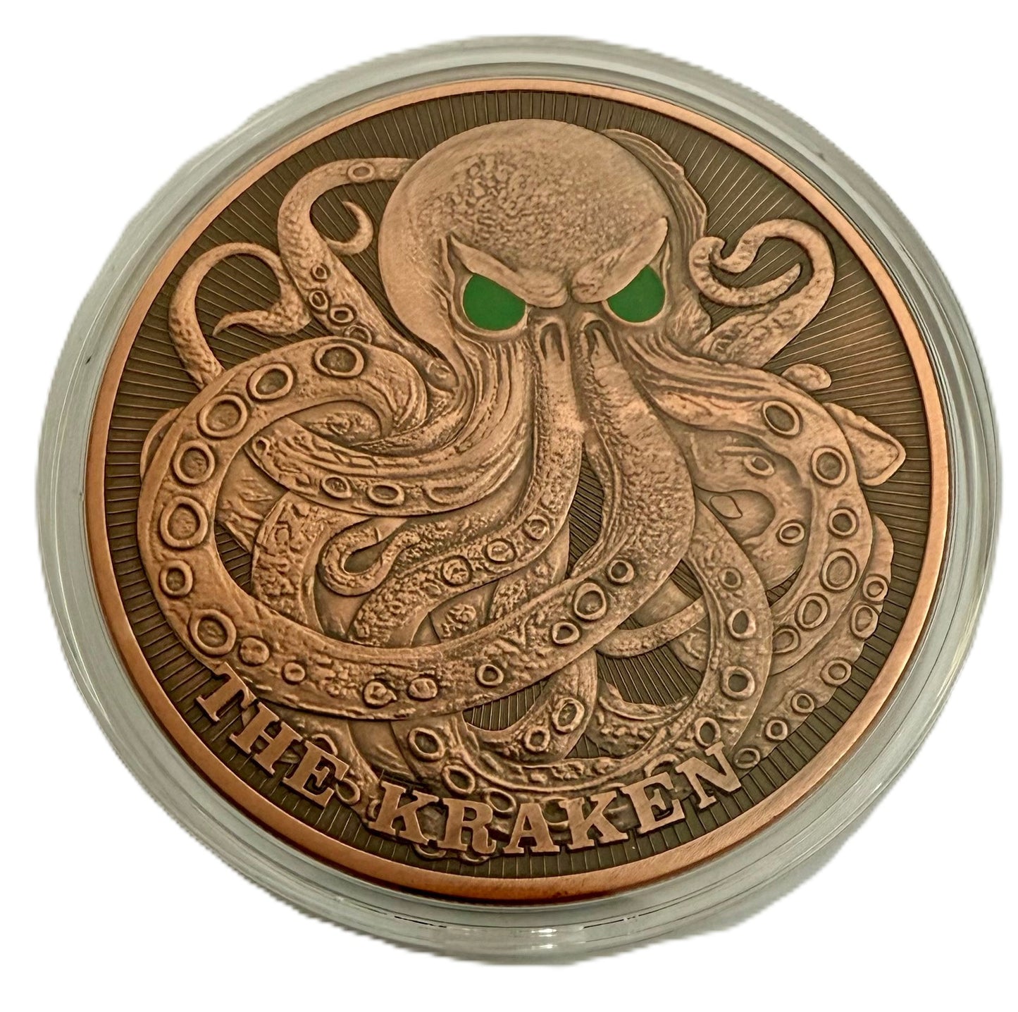 The Kraken 5 oz Kupfermedaille Reverse Proof Glow in the Dark