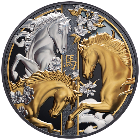 Niue - Lunar - Jahr des Pferdes - 2026 - 5 oz Silbermünze Teilvergoldet Black Proof***