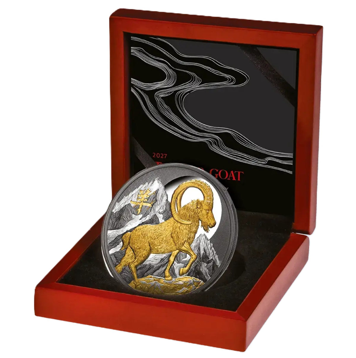 Niue - Lunar - Jahr der Ziege - 2027 - 5 oz Silbermünze Teilvergoldet Black Proof