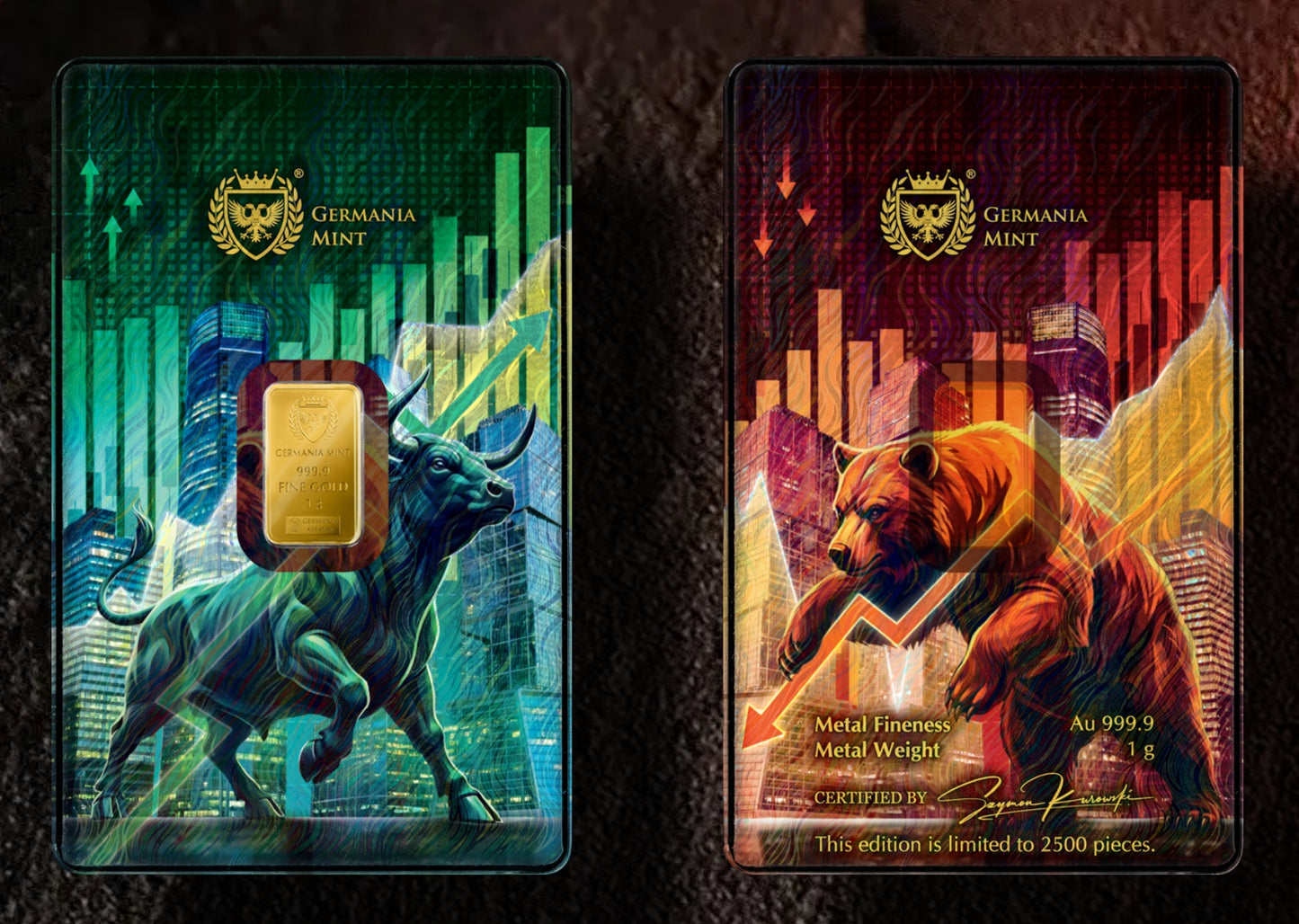 Germania Mint - Bull & Bear - Bulle und Bär - 1 Gramm Goldbarren im Safepack**