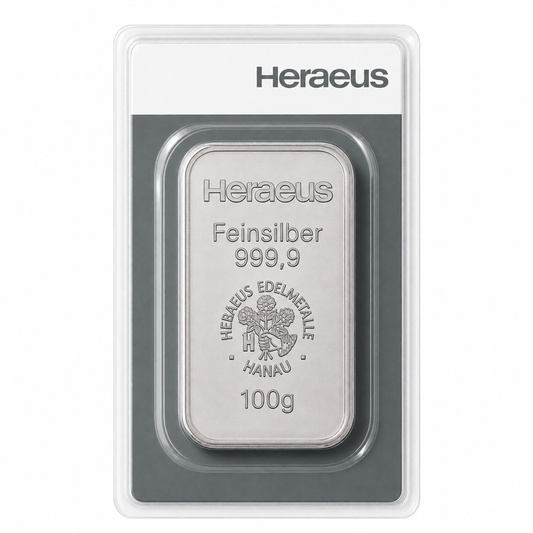 Silberbarren 100 Gramm Heraeus Barren im Blister