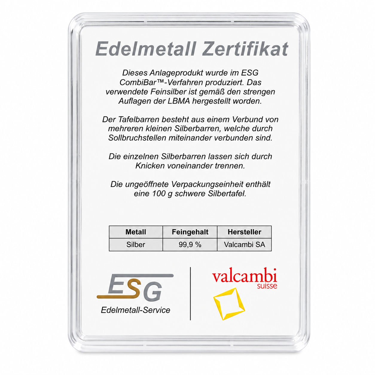 Silbertafel Valcambi "CombiBar" 100 x 1 Gramm Silberbarren Tafelbarren