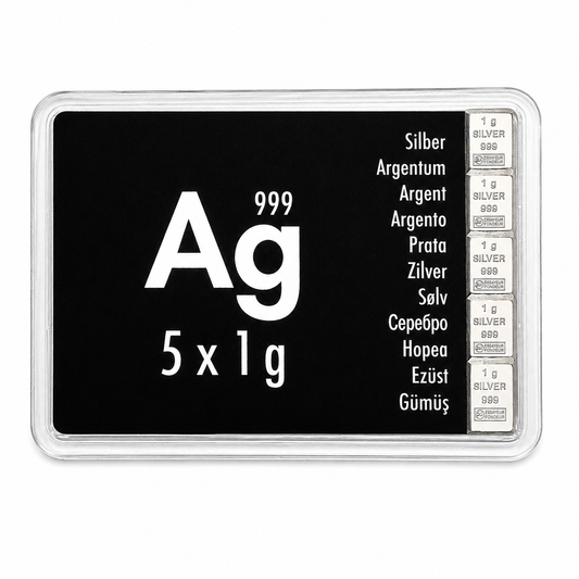 Silbertafel Silberbarren CombiBar Valcambi 5 x 1 Gramm 999 AG Silber