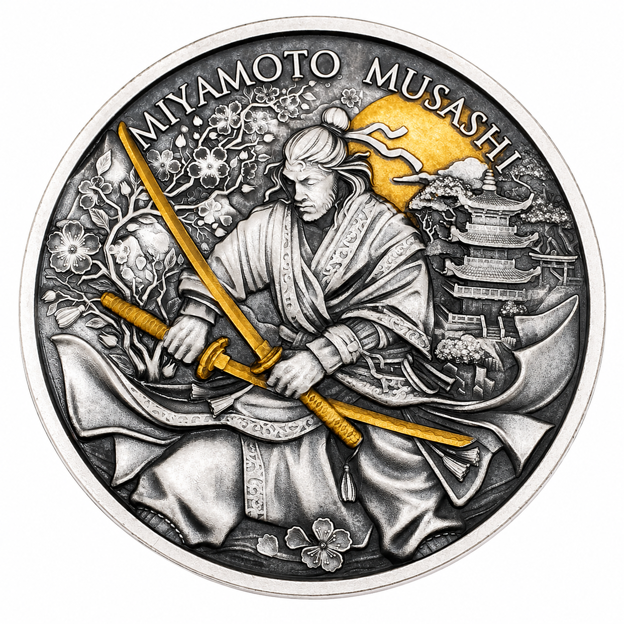 USA - Legendary Warriors -  Miyamoto Musashi -1 oz Silber Antik Finish Gilded