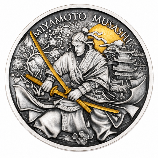 USA - Legendary Warriors -  Miyamoto Musashi -1 oz Silber Antik Finish Gilded