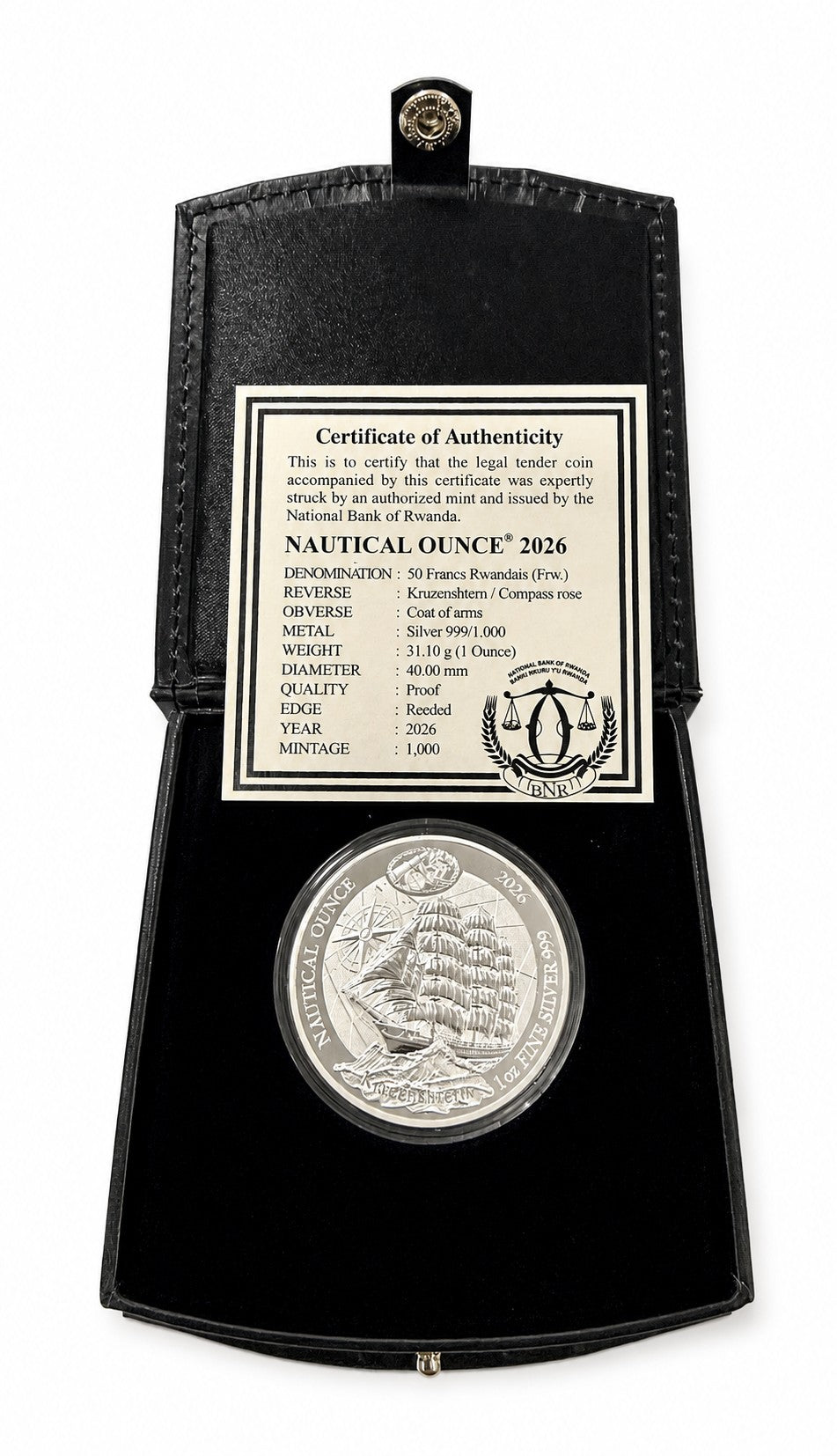 Ruanda Nautical Ounce - Kruzenshtern 2026 - 1 oz Silbermünze Polierte Platte in offizieller Box