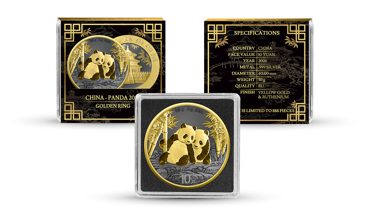 China Panda 2026 - Golden Ring - 30 Gramm Silbermünze Ruthenium Gelbgold