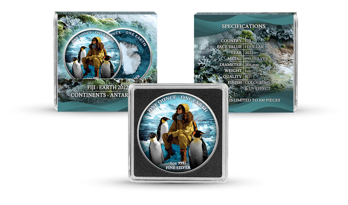 Fiji One Earth - Kontinente - Antarktis - 1 oz Silbermünze 2022 Color UV