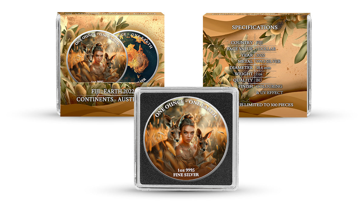 Fiji One Earth - Kontinente - Australien - 1 oz Silbermünze 2022 Color UV