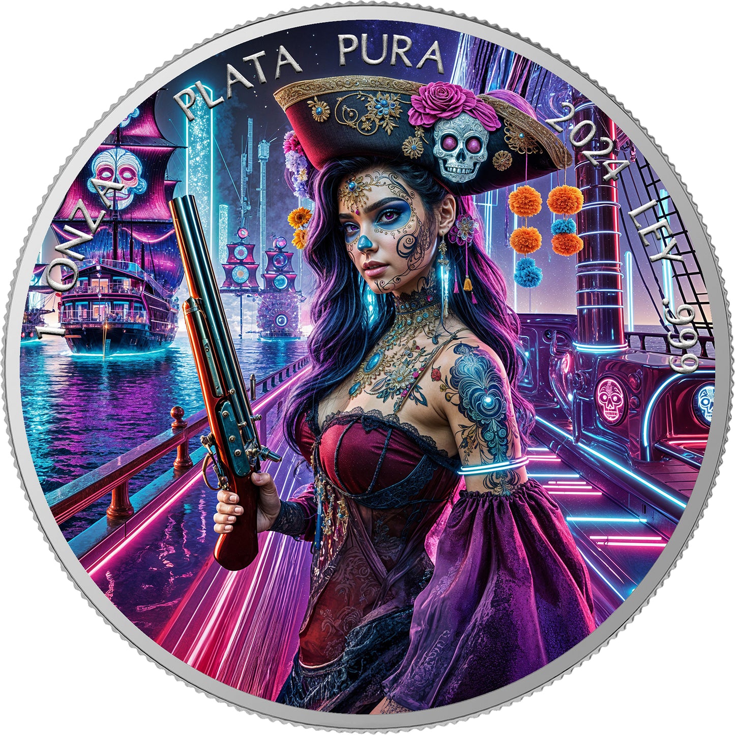 Mexico Libertad 2024 - Dia de los Muertos - Cyberpunk Pirate - 1 oz Silbermünze