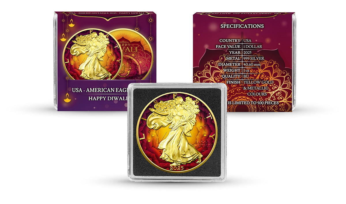 American Eagle 2025 - Diwali - 1 oz Silbermünze Farbe teilvergoldet ***