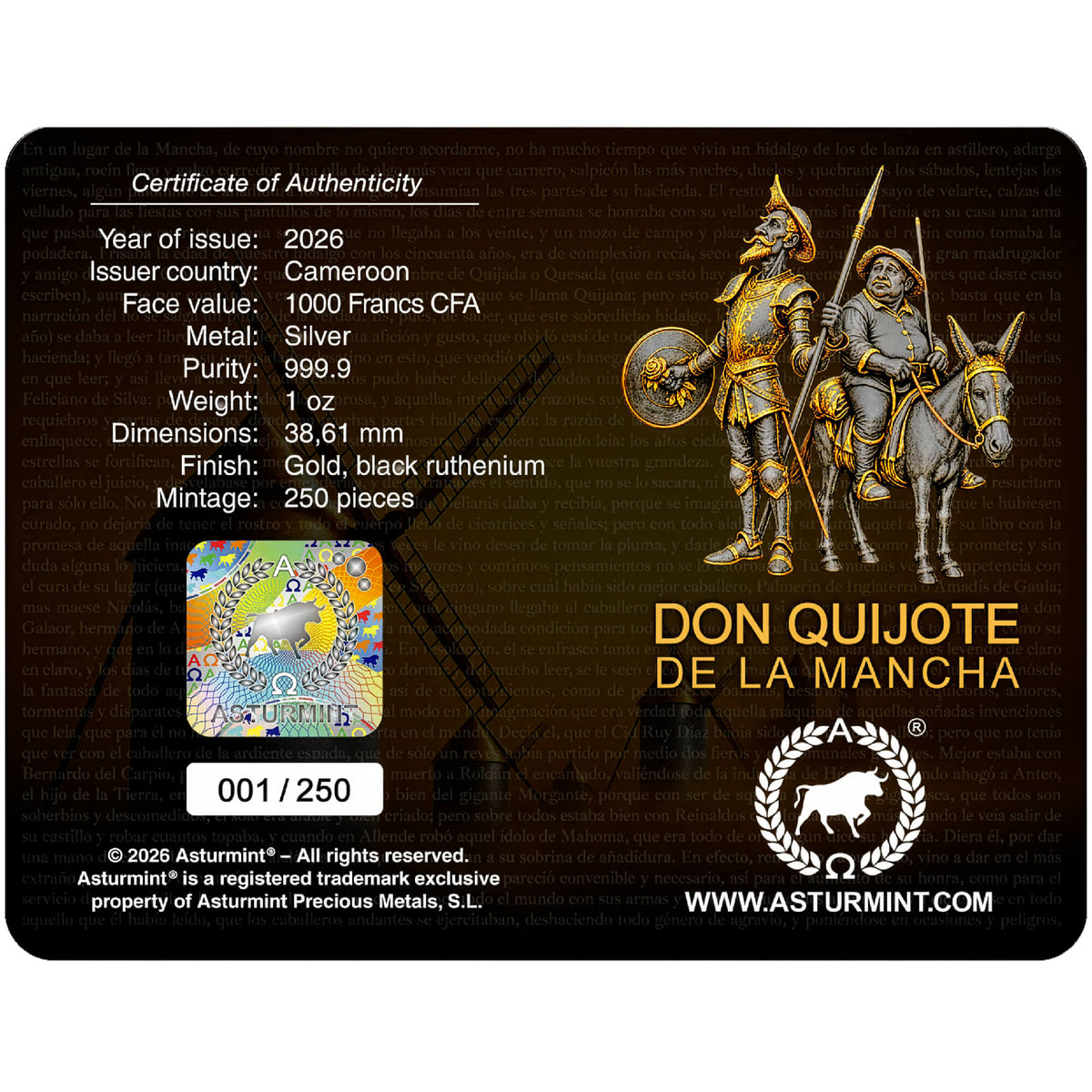 Don Quijote de la Mancha 2026 - 1 oz Silbermünze - Black Ruthenium - Gilded - Proof im Blister