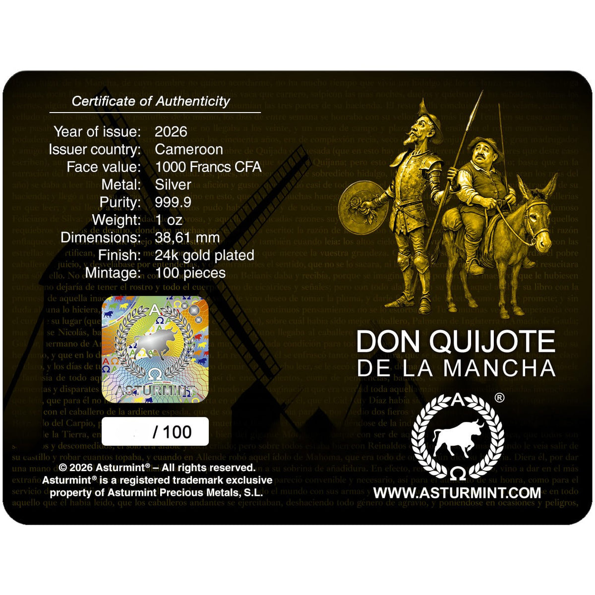 Don Quijote de la Mancha 2026 - 1 oz Silbermünze - Full Gilded - Proof im Blister