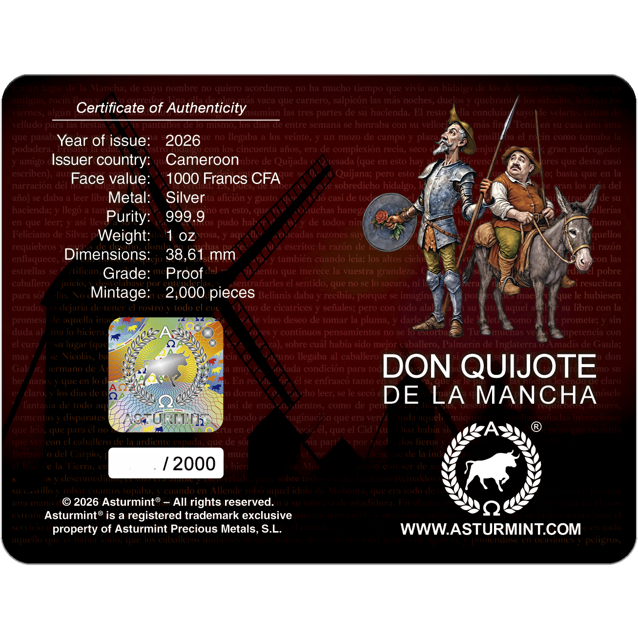 Don Quijote de la Mancha 2026 - 1 oz Silbermünze Proof im Blister