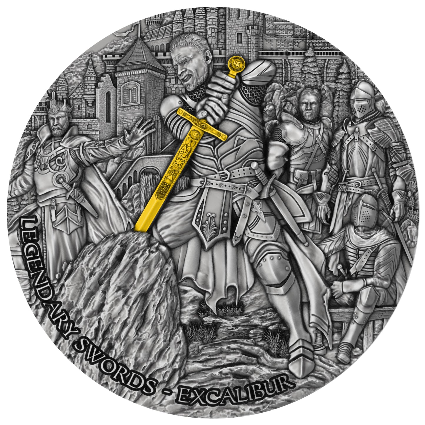 Niue Legendary Swords - Excalibur 2024 - Antik Finish - Gold Plated - 2 oz Silber***