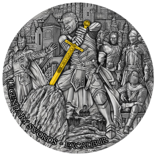 Niue Legendary Swords - Excalibur 2024 - Antik Finish - Gold Plated - 2 oz Silber***