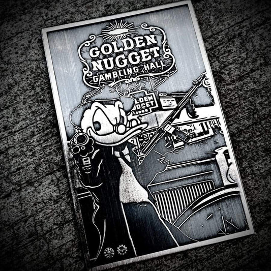 Gangster Scrooge Golden Nugget, 1oz  Silberbarren Card Bar Antik Finish