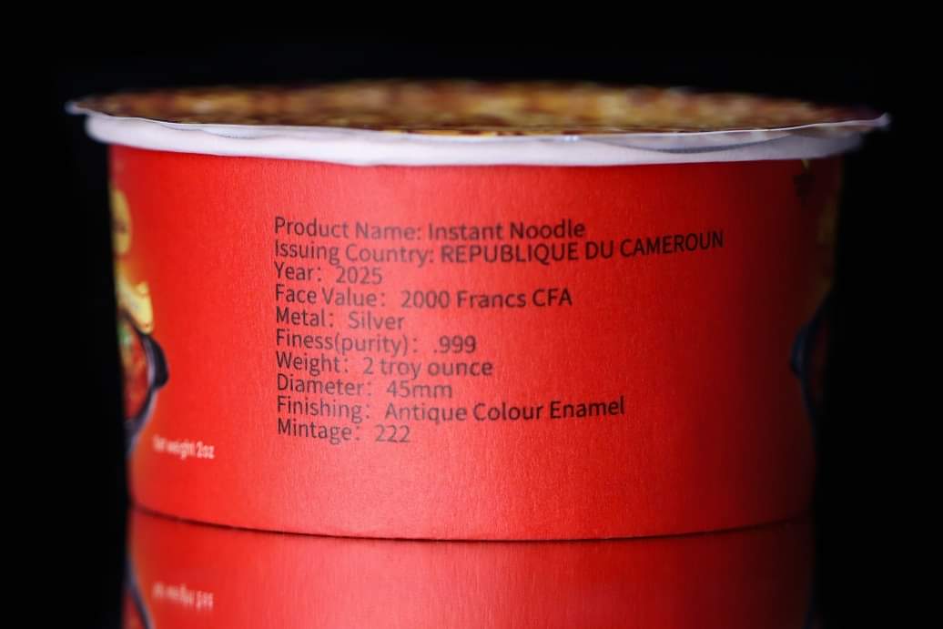 Cameroon Instant Noodle 2025, 2oz Silbermünze* Antik Color, Resinfüllung, Nur 222 Stk.