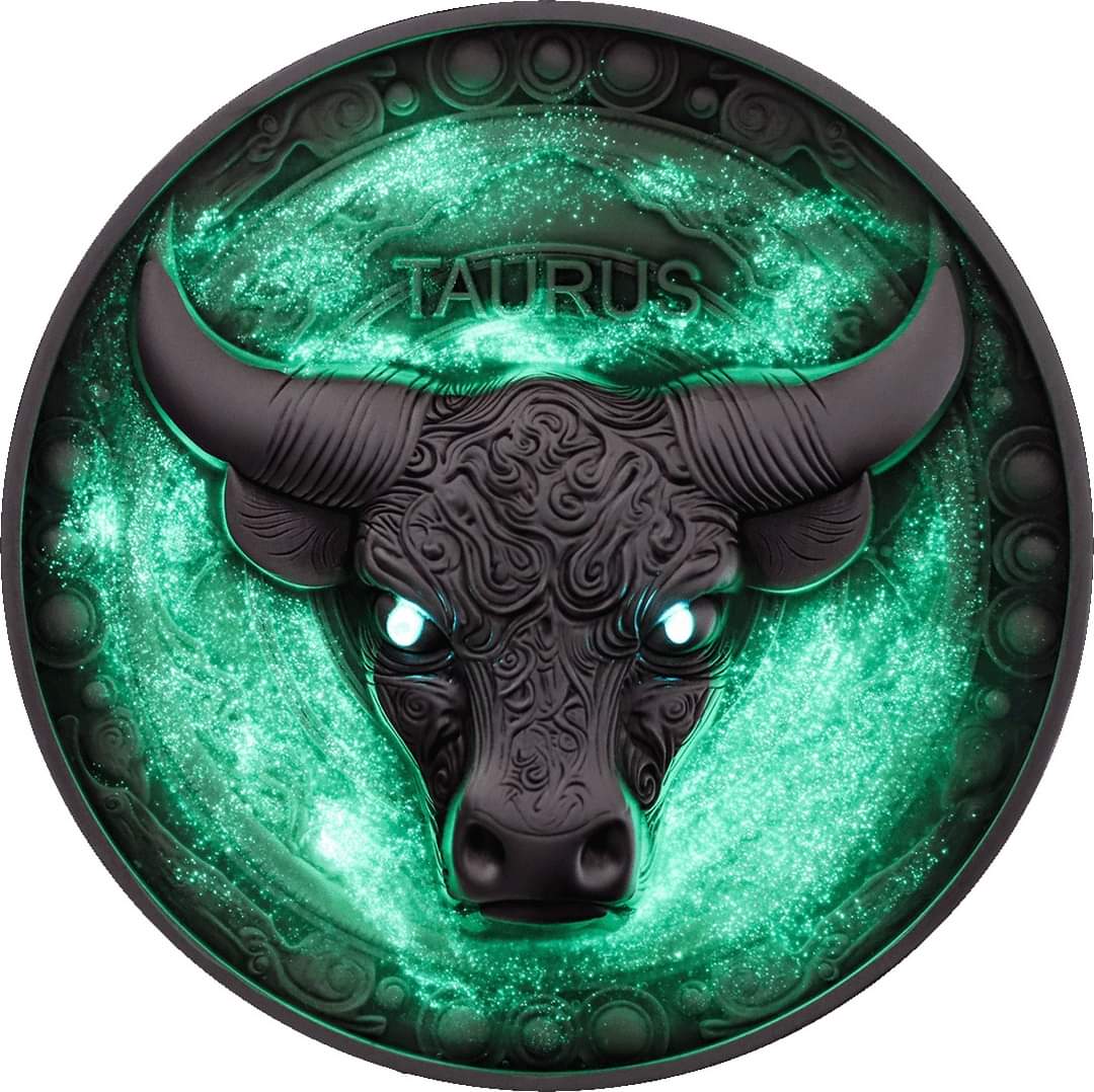 Niue Taurus 2024, 5oz Silbermünze*, Antik Color Glow in the Dark UV UHR, Nur 99 Stk.