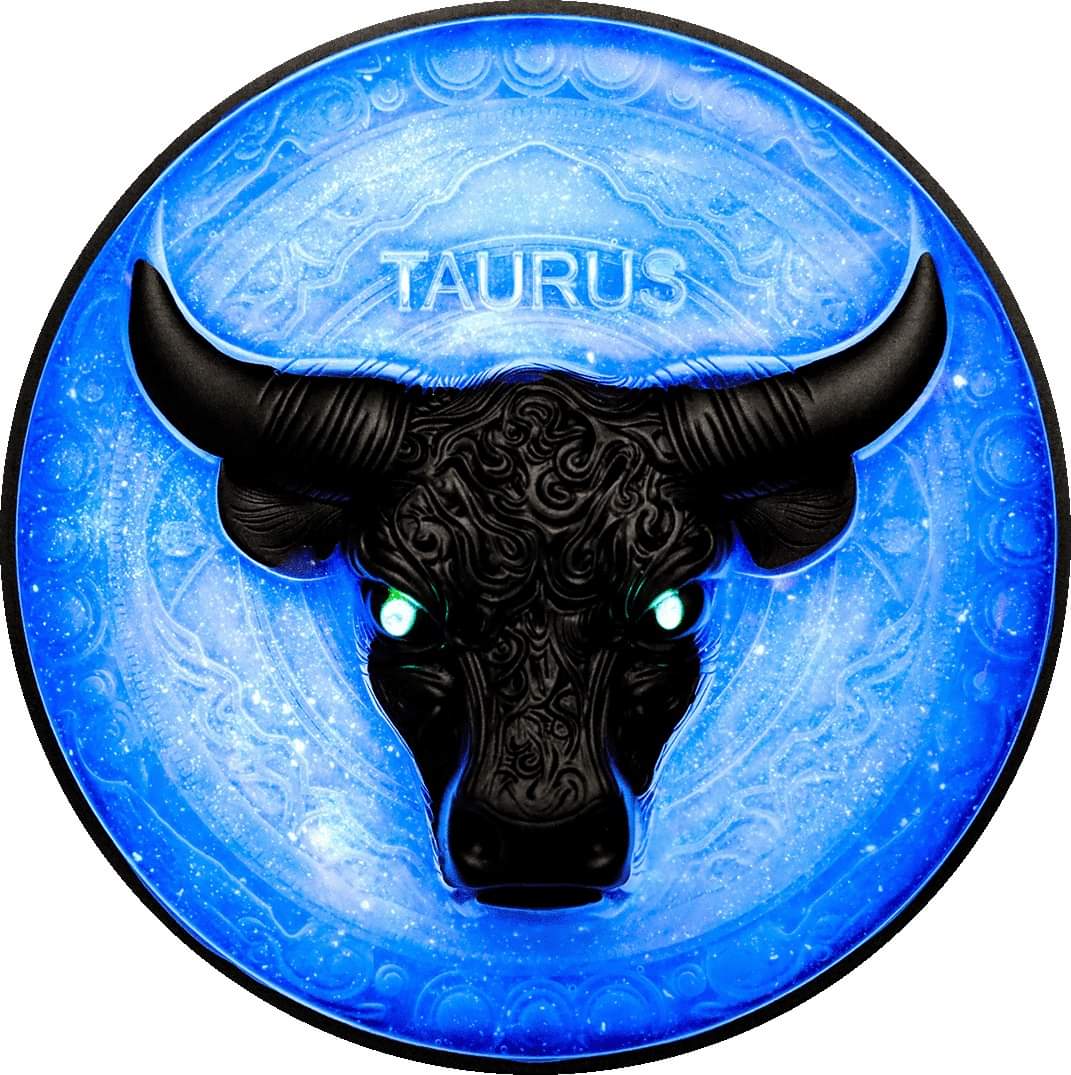 Niue Taurus 2024, 5oz Silbermünze*, Antik Color Glow in the Dark UV UHR, Nur 99 Stk.