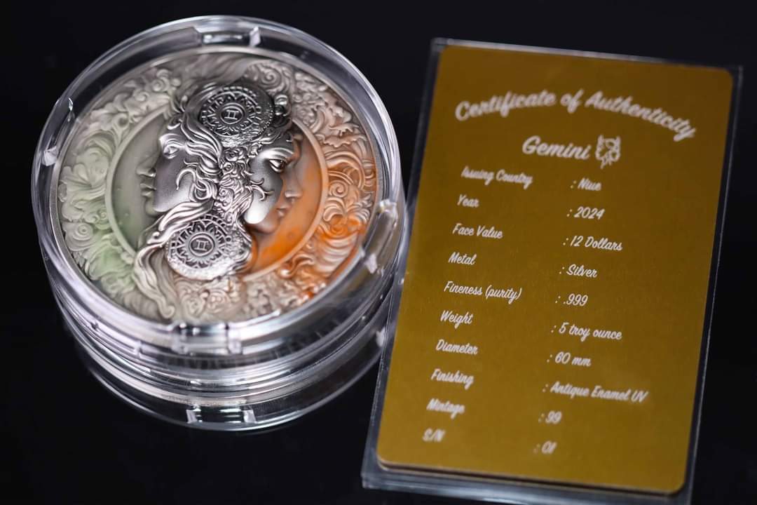 Niue Gemini 2024, 5oz Silbermünze*, Antik Color Glow in the Dark UV UHR, Nur 99 Stk.