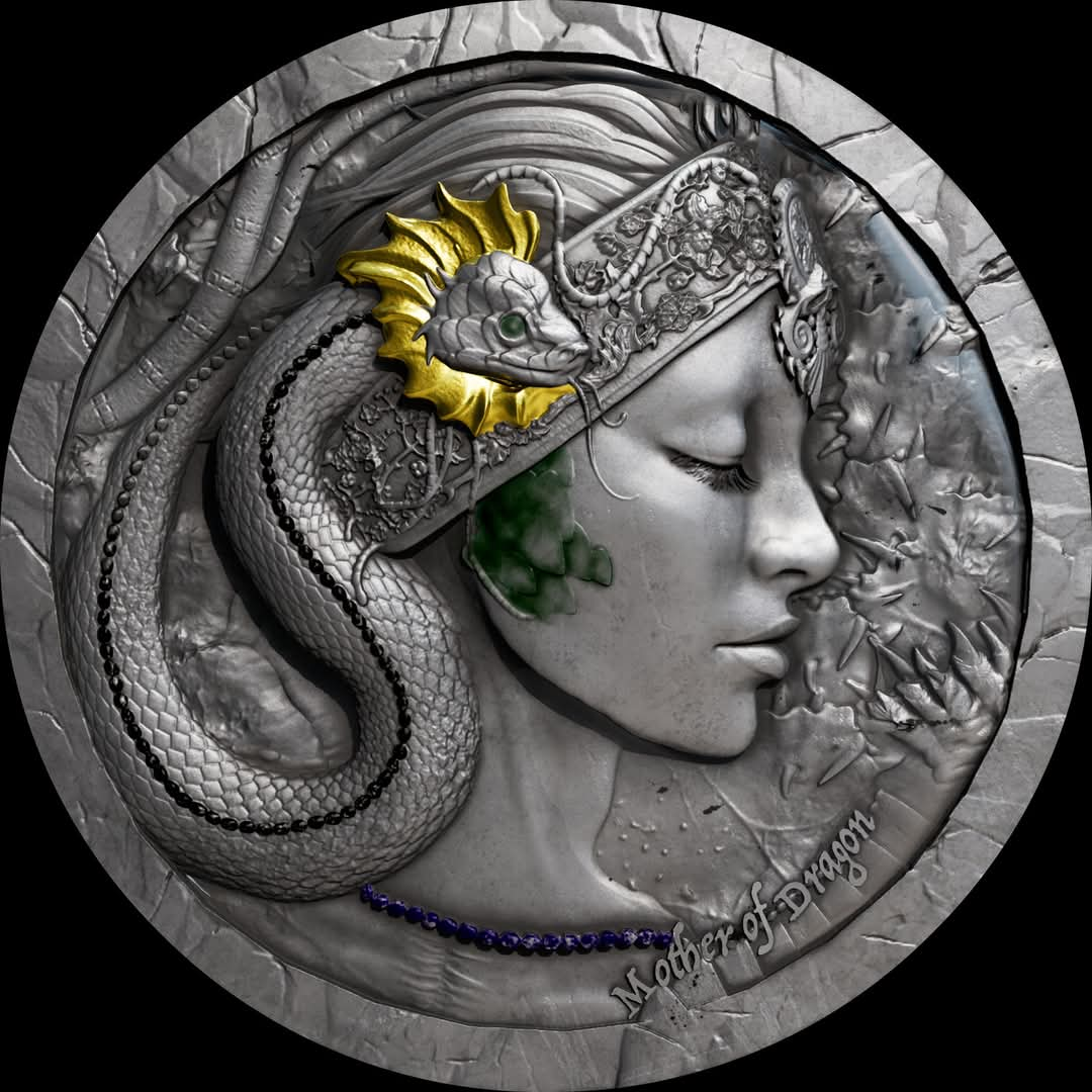 Cameroon Mother of Dragon Tiamat, UHR, Antik, Gilded, Emaille, Glow in the Dark, Farbwechsel 2oz Silbermünze***