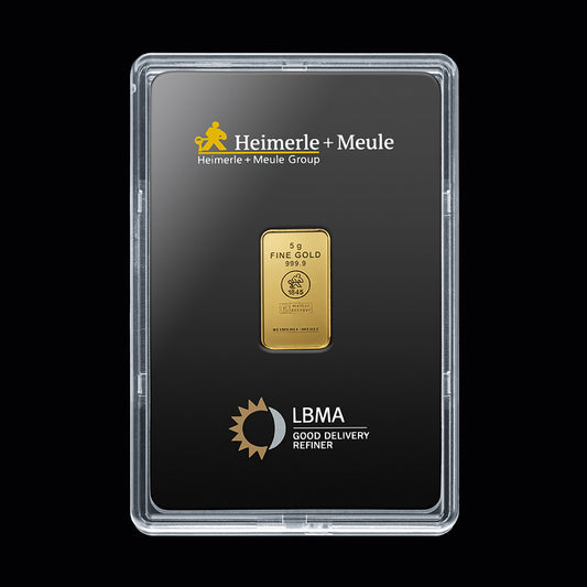 Goldbarren 5 Gramm Heimerle & Meule 999.9 Feingold Gold mit Box**