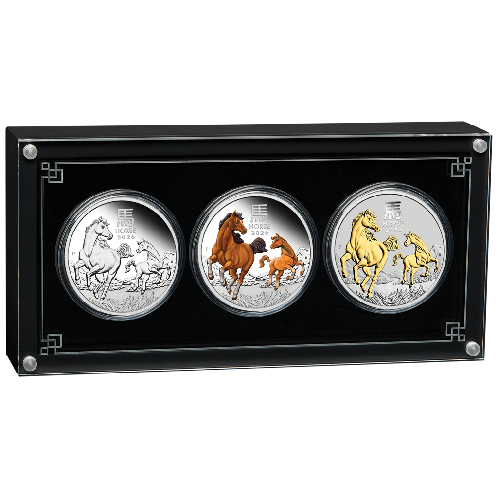 Lunar III Jahr des Pferdes 2026 3 x 1 oz Silbermünzen Set PP - Farbe - vergoldet PM in Box***