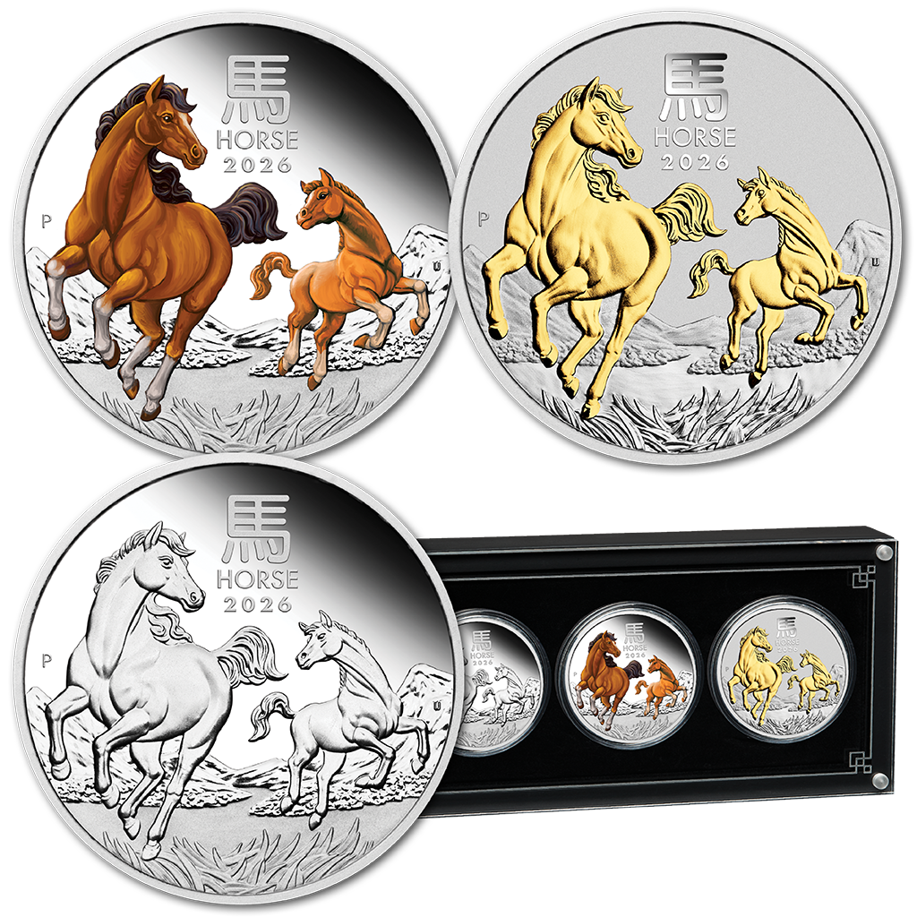 Lunar III Jahr des Pferdes 2026 3 x 1 oz Silbermünzen Set PP - Farbe - vergoldet PM in Box***