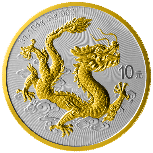 China Chinese Dragon 2025 - 1 oz Silbermünze BU teilvergoldet gilded***