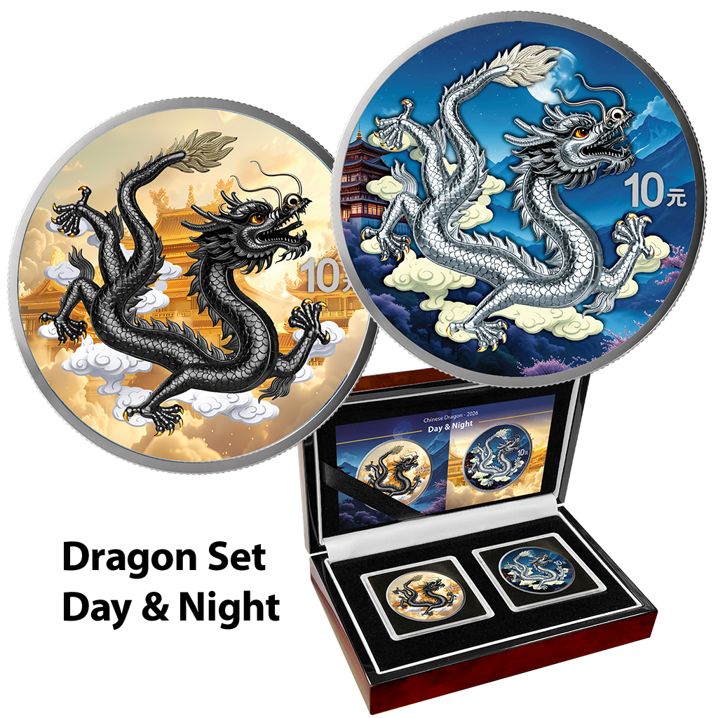 China Chinese Dragon 2026 - 2 x 1 oz Silbermünze - Night and Day - Nacht und Tag Set -  2 x 10 Yuan