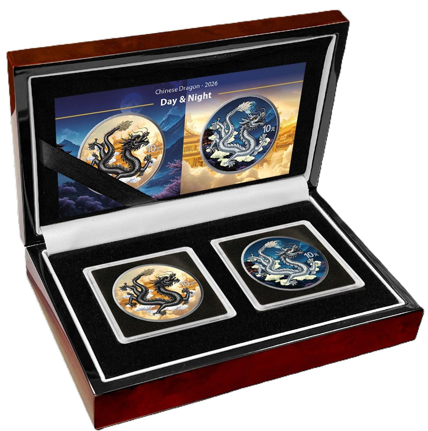 China Chinese Dragon 2026 - 2 x 1 oz Silbermünze - Night and Day - Nacht und Tag Set -  2 x 10 Yuan Farbe color