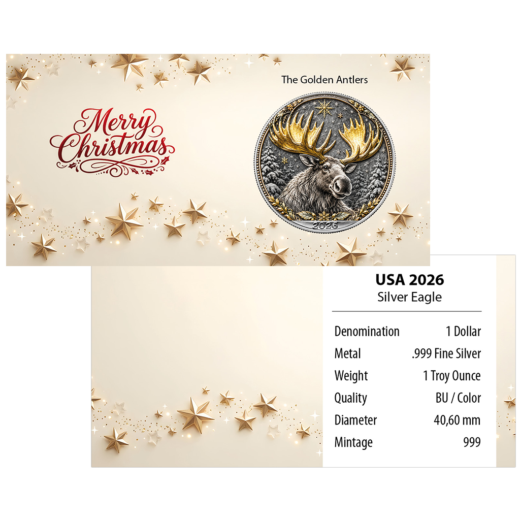 American Silver Eagle 2026 - Weihnachten - The Golden Antlers - 1 oz Silbermünze - Farbe - Color