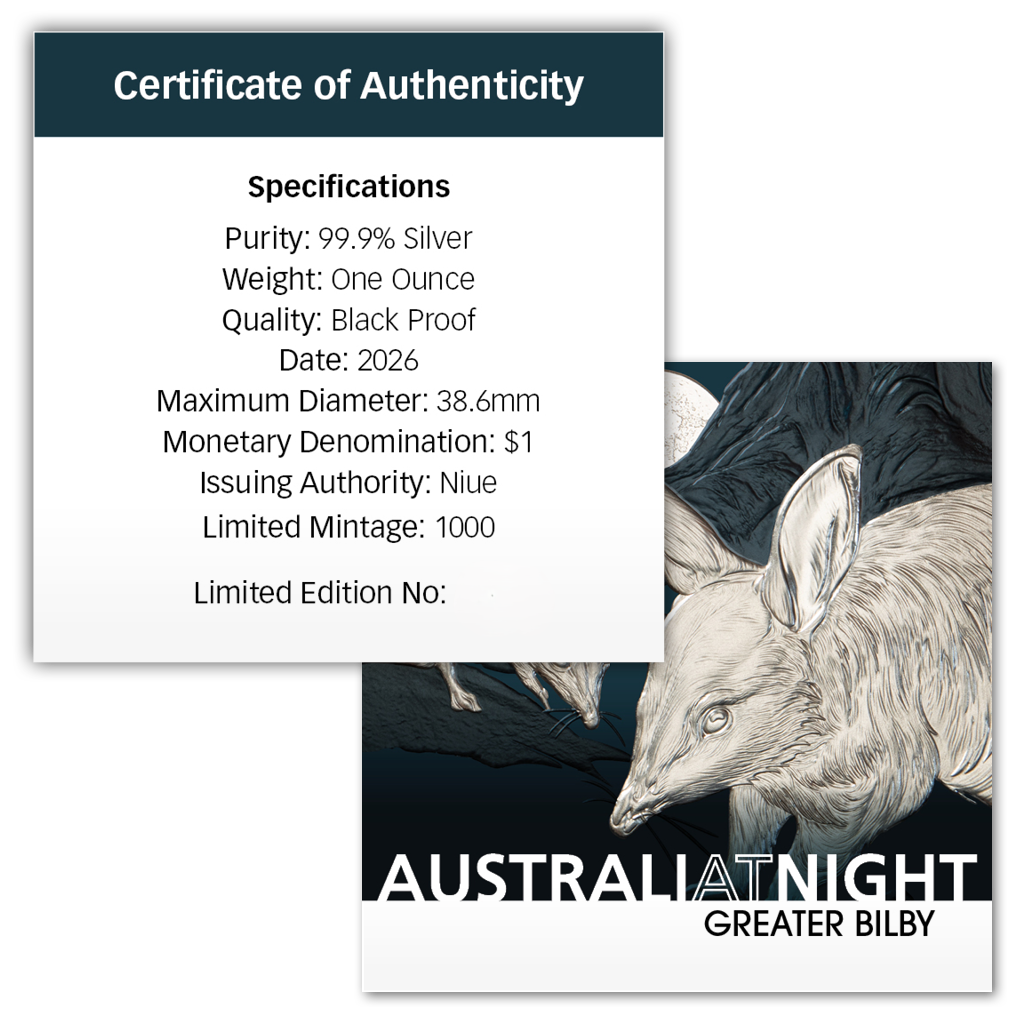 Australien bei Nacht - Kaninchennasenbeutler - 2026 - 1 oz Silbermünze Black Proof