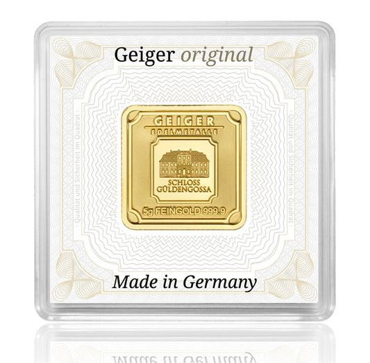 Goldbarren 5 Gramm Geiger Schloss Güldengossa 999.9 Gold quadratisch mit Zertifikat in Kapsel**