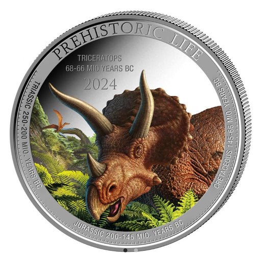 Color Silbermünze 1oz Prehistoric Life II Triceratops 2024 Farbe 20 Francs