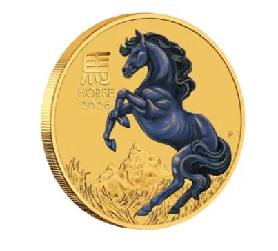Lunar III Jahr des Pferdes Pferd 2026 1/10 oz Farbe Goldmünze PM**