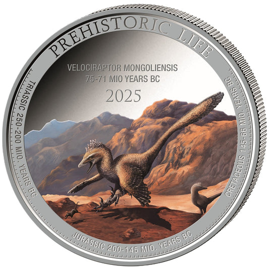 Prehistoric Life II - Velociraptor Mongoliensis 2025 – 1 oz Silbermünze Farbe Color