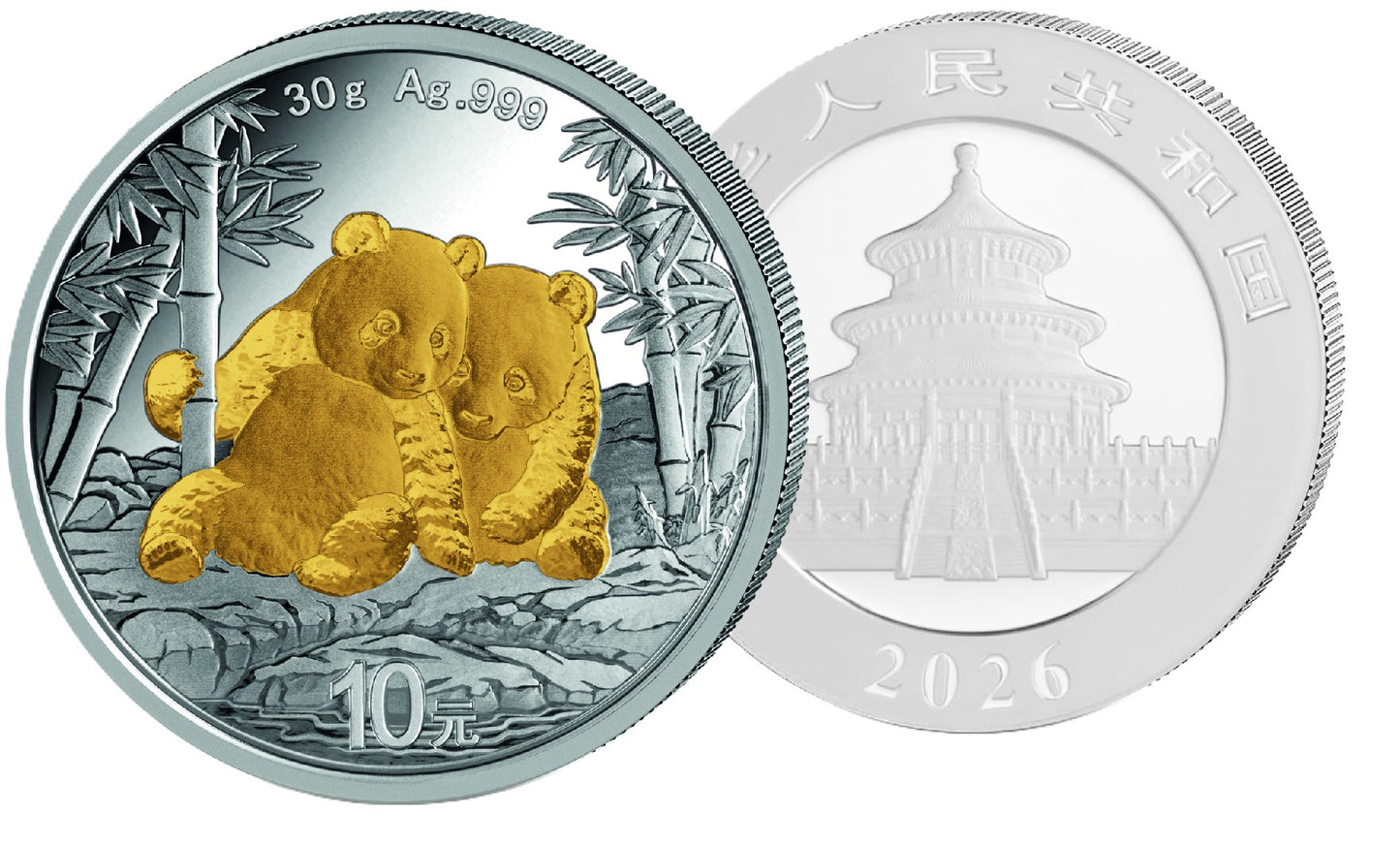 China Panda Gilded 2026 - 30 Gramm Silbermünze - 10 Yuan