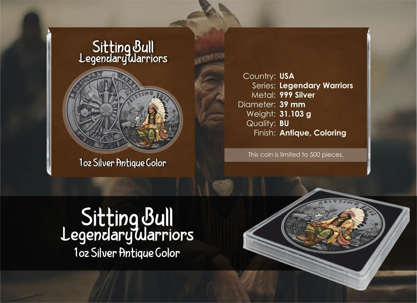 USA - Legendary Warriors -  Sitting Bull (11) - 1 oz Silber Antik Finish Color Farbe