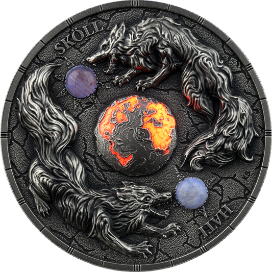 Silbermünze Ragnarök Sköll & Hati 2 oz 2024 BU Germania Mint Ultra High Relief