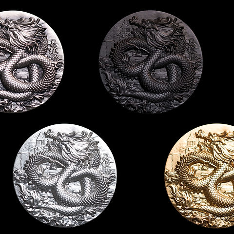 Chad 2024 9 Dragons 36 x 5oz UHR Silbermünzen Set Proof, Antik, Gilded, Black Plated, Seriennummer 050