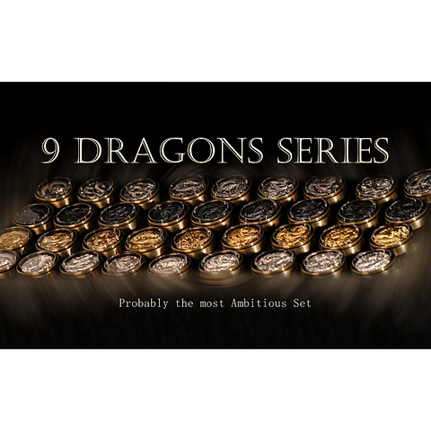 Chad 2024 9 Dragons 36 x 5oz UHR Silbermünzen Set Proof, Antik, Gilded, Black Plated, Seriennummer 050