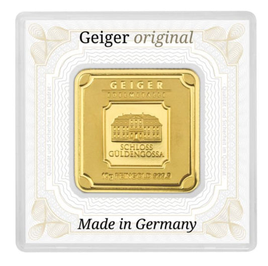 Goldbarren 10 Gramm Geiger Schloss Güldengossa 999.9 Gold quadratisch mit Zertifikat in Kapsel**