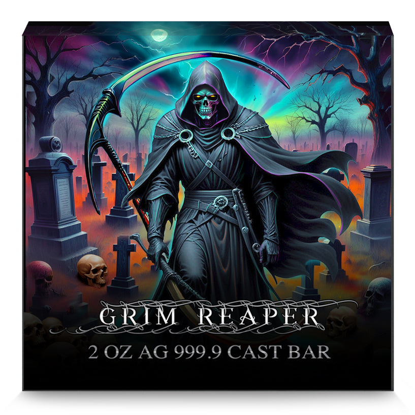 Grim Reaper Sensenmann 2 oz Gussbarren 2024 Antik Farbe