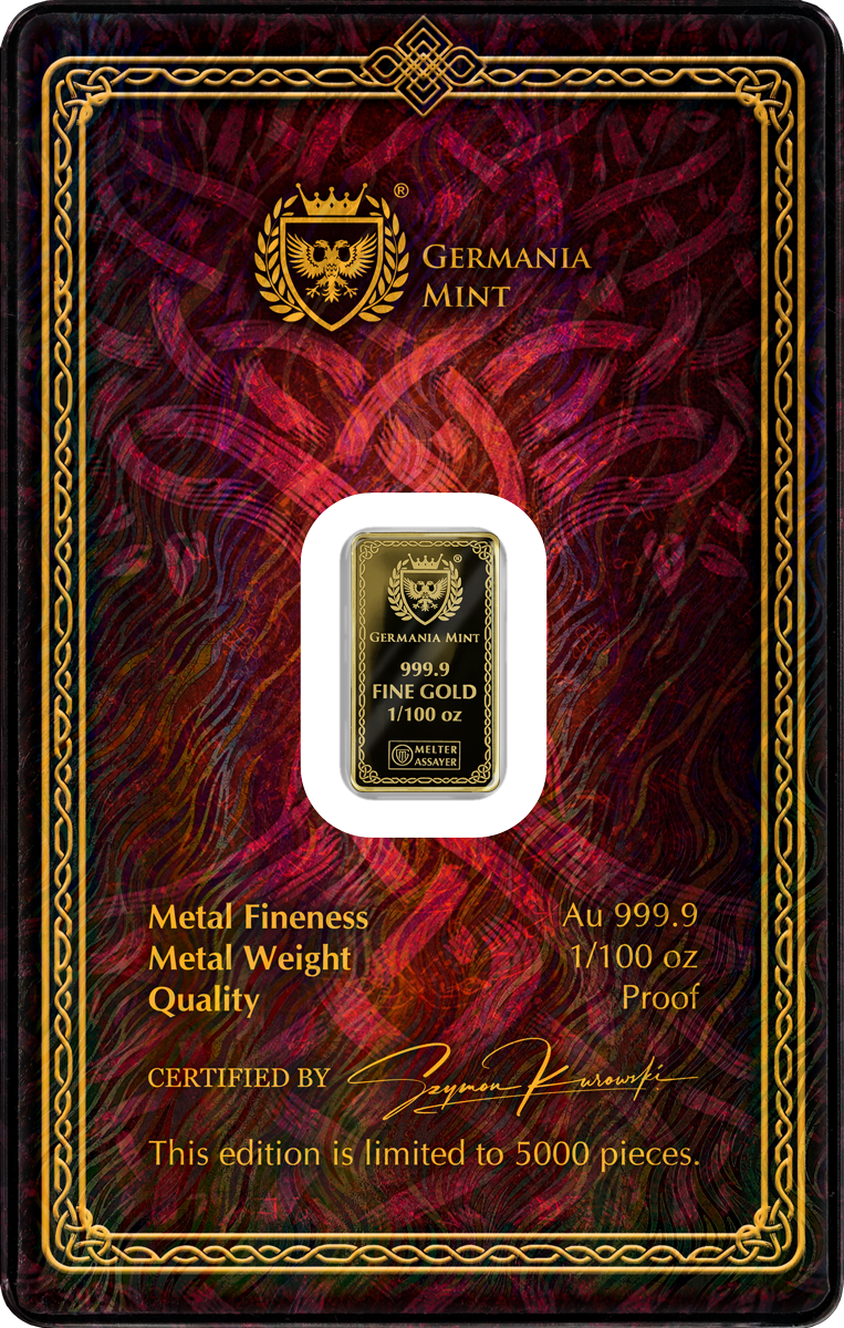 Germania Mint - Gods of Germania - Frigg - 1/100 oz Goldbarren im Safepack**